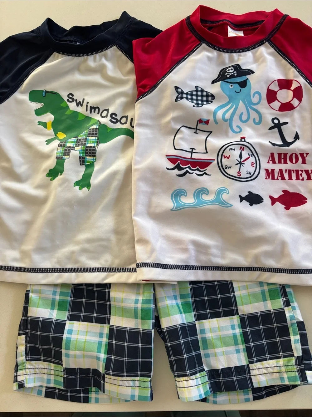 Gymboree Lot of 3 Boys 18-24 Months Plaid Swim Trunks and 2 Rashguards